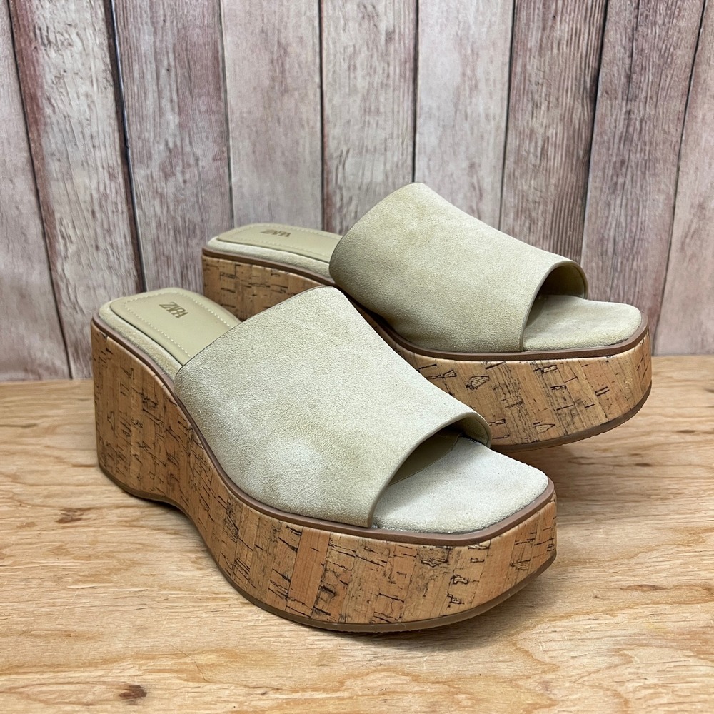 Zara Suede Leather Cork Platform Mule Sandals Beige Tan Size US 7.5 Y2K 90s